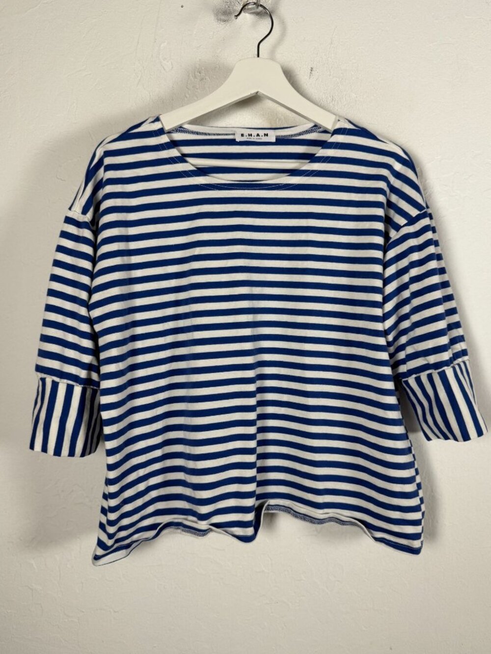 E.H.A.N Womens Blue White Nautical Striped Drop Shoulder Crop Top Boxy T-Shirt